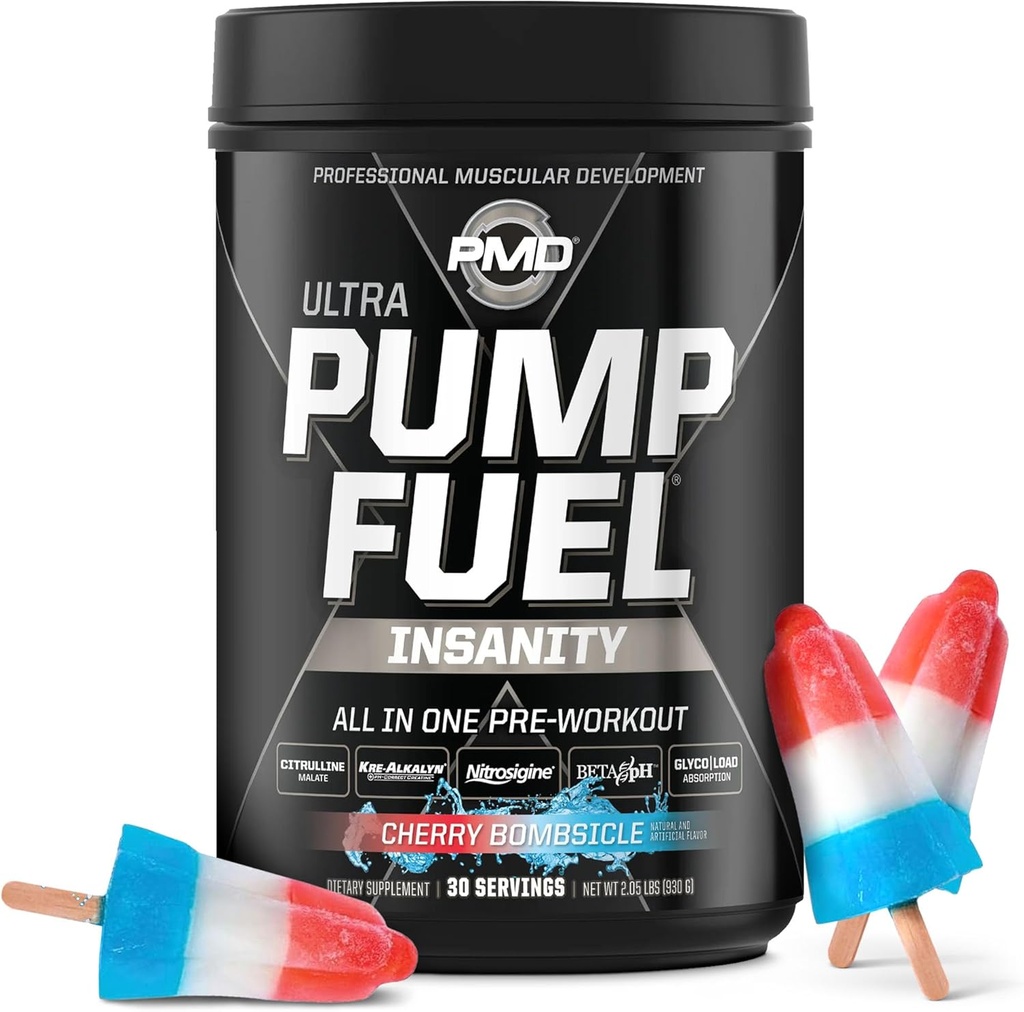 PMD Bomba Deportiva de Combustible Ultra Insanidad - Bomba de Polvo de Pre Workout Premium & Muscle, Mayor Focus, Resistencia & Recuperación, Premium Creatine, Arginine & Beta Alanine - Cherry Bombsicle (30 Servimientos)