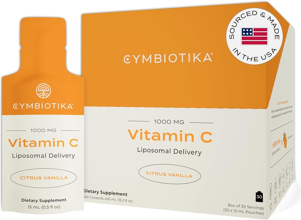 CYMBIOTIKA Vitamina C Embalajes individuales, Entrega Liposómica, Suplemento de Soporte Inmunitario, Colagen Boost, " Envejecimiento saludable, Packs de hidratación de la piel, Citrus Vanilla Flavor, 30 Cuentas