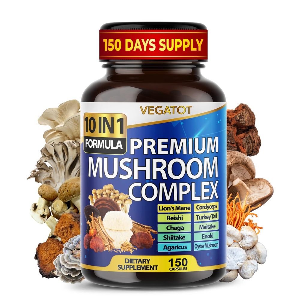 10 en 1 Suplemento de hongos de alta resistencia - Lions Mane, Cordyceps, Reishi - Suplementos de cerebro para memoria y foco ** Suministro de 5 meses