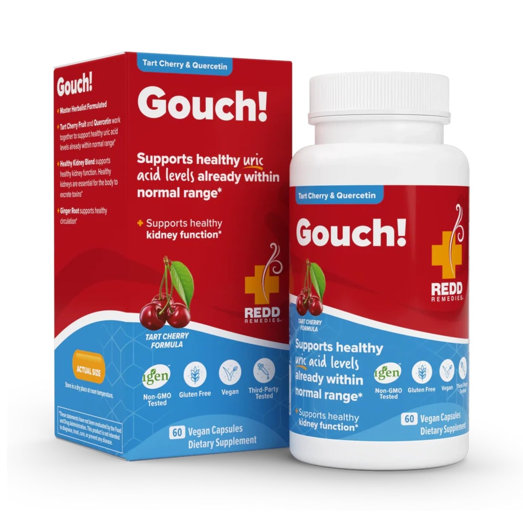 Redd Remedies, Gouch!, Supplement Support for Joints and Uric Acid Levels, encouragess a Healthy Inflammatory Response, Tart Cherry & Quercetin, 60 Vegan Capsules