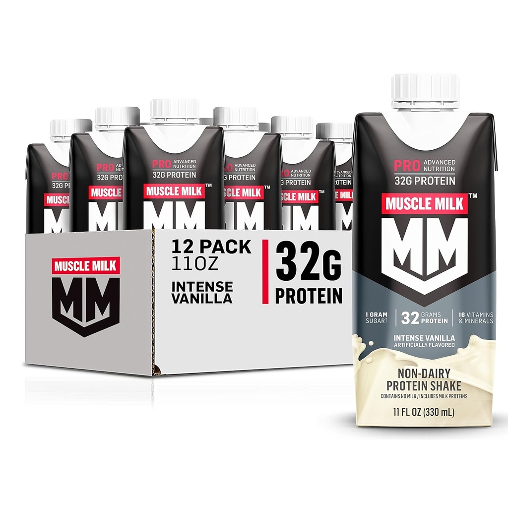 Muscle Milk Pro Advanced Nutrition Protein Shake, Intense Vanilla, 11 Fl Oz Carton, 12 Pack, 32g Proteína, 1g Sugar, 16 Vitaminas & Minerales, 5g Fiber, Workout Recovery, Packaging May Vary