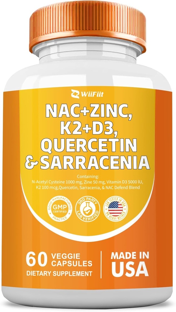 NAC Suplemento N-Acetyl Cysteine NAC 1000mg Zinc Blend 50mg k2 100mcg Vitamina D3 5000 UI N-Acetyl Cysteine 1000mg Quercetin 1000mg Sarracenia Purpurea 1000mg L-Lysine Suplemento, 60 Cuenta
