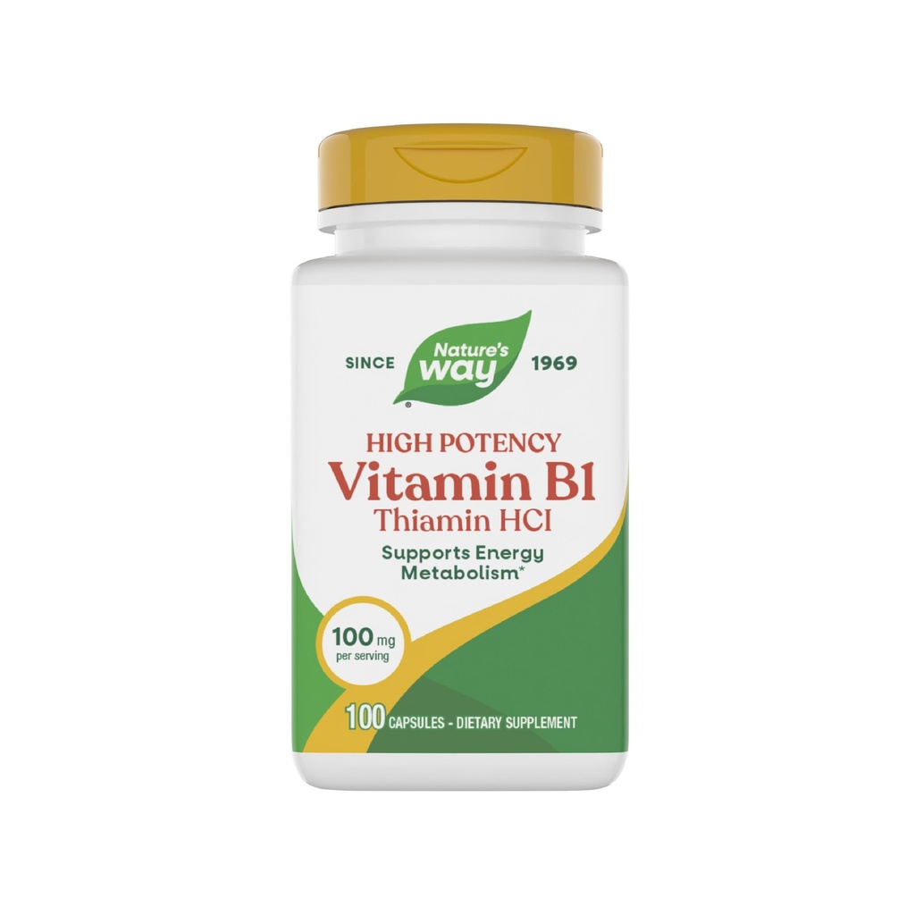 Vía natural Vitamina B1, alta potencia, 100 mg Thiamin por ser, Thiamin HCl, apoya el metabolismo energético*, Gluten Free, 100 cápsulas (paquete mayo Vary)