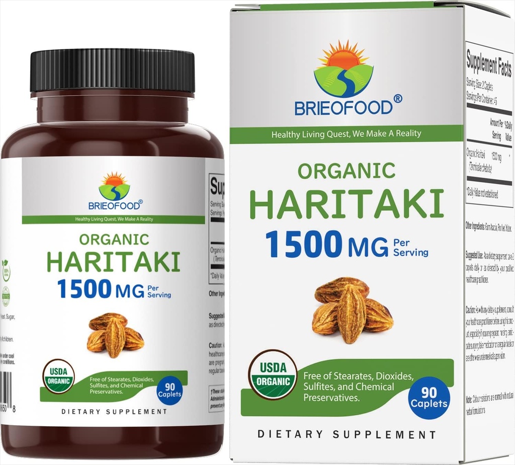 Brieofood Organic Haritaki 1500mg, 45 Servings, Vegetarian, Gluten Free, 90 Tablets Vegetarianos