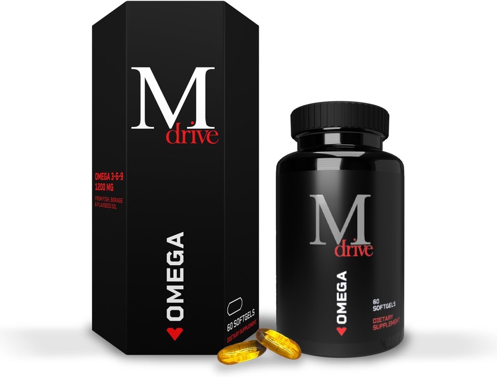 Aceite de pescado Mdrive Omega 3 para hombres, Omega 3-6-9 1200mg de pescado, Borage & Flaxseed Oil, Support Heart, Brain, Skin and Joint Health, 60 Con