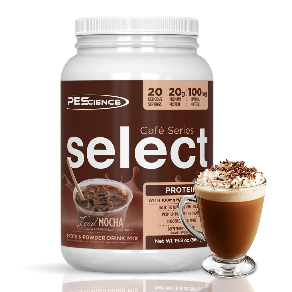 PEScience Select Cafe Protein Coffee Flavored Powder, Iced Mocha, 100 mg de cafeína, 20g de pollo de proteína picada o crema, 20 piezas