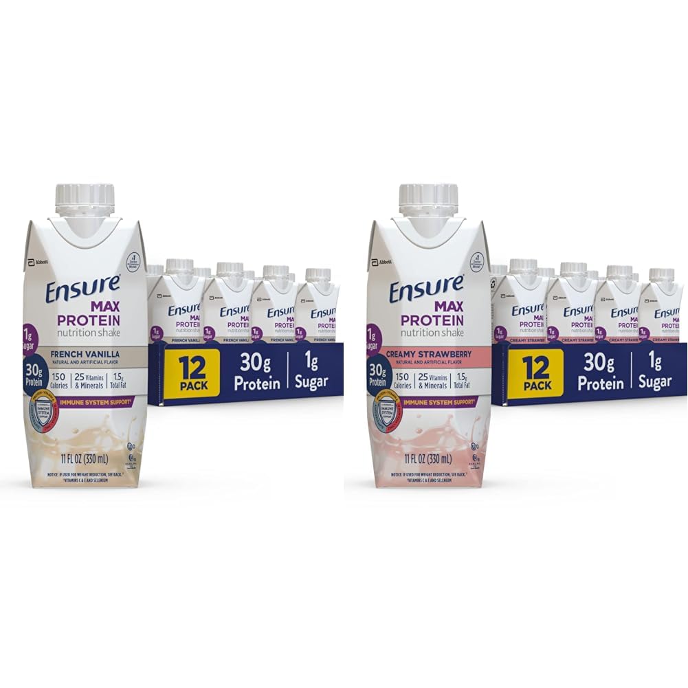 Asegurar Max Protein Nutrition Shake con 30g de Protein &amp; Max Protein Nutrition Shake con 30g de Protein, 1g de azúcar, High Protein Shake, Creamy Strawberry, 11 fl oz, (Pack of 12)