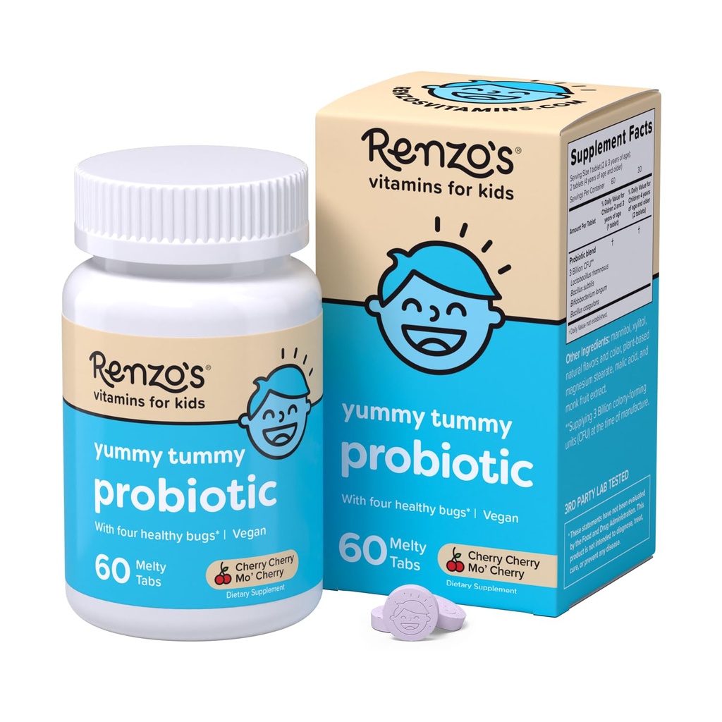 Probióticos de Renzo, Probióticos Dissolvables para la Salud Digestiva & Apoyo Inmunitario, 60 Tapas de Melty con sabor a cereza