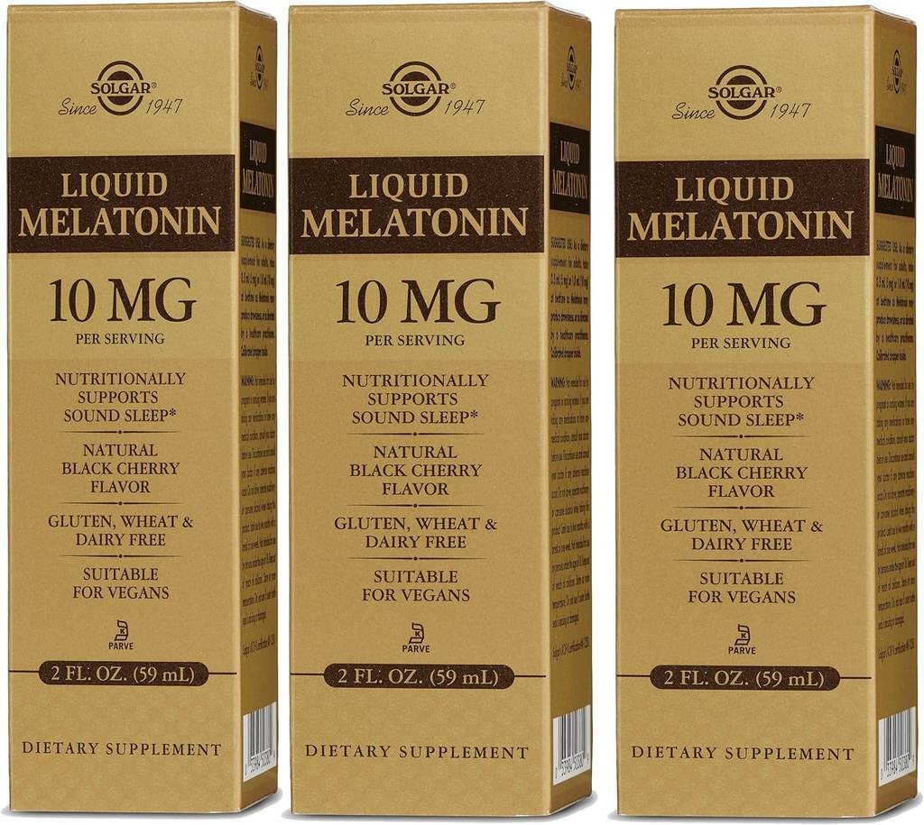 Solgar Liquid Melatonin 10 mg, Natural Black Cherry Flavor - 2 fl oz, Pack de 3 - Ideal para Jet Lag - Vegan, Gluten Gratis - 177 Total Servings