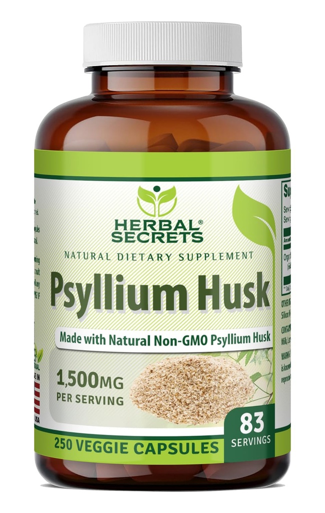 Herbal Secrets Psyllium Husk Suplemento Silencio 500 Mg Silencio 250 Veggie Capsules Silencio No-GMO Silencio Gluten Gratis Silencio Made in USA