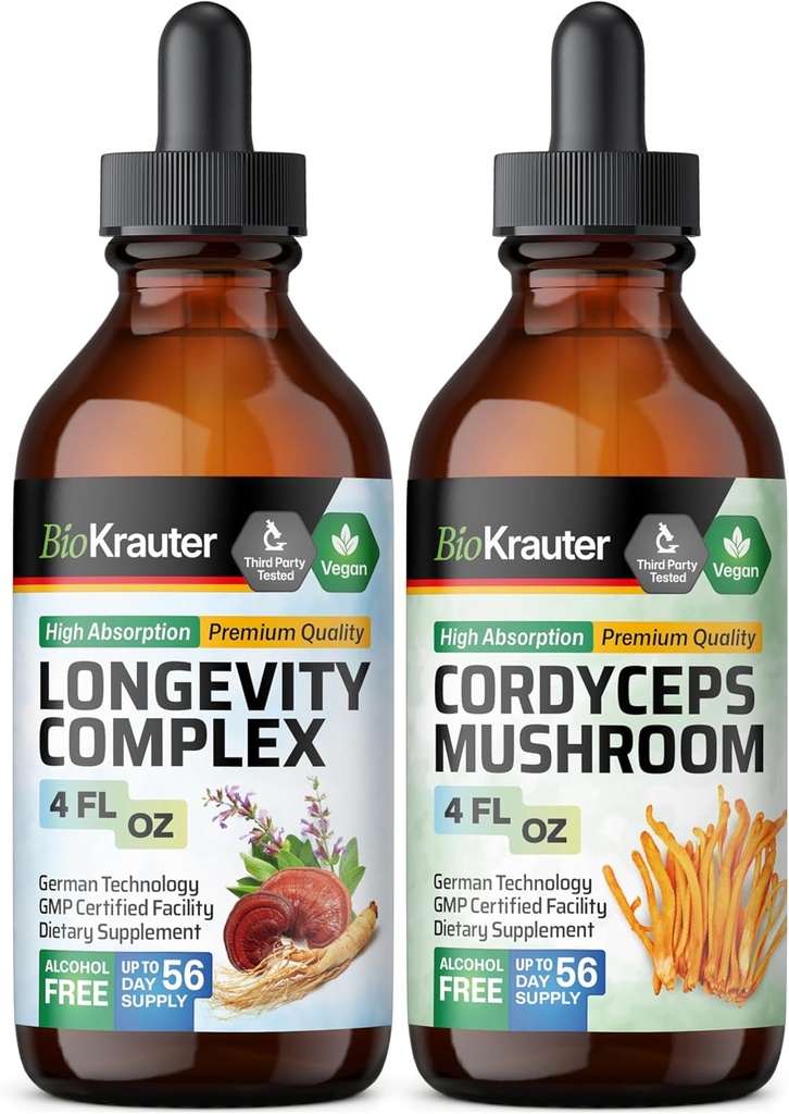 BIO KRAUTER Longevity Mushroom Tincture 4 Fl. Oz. & Cordyceps Mushroom Tintura 4 Fl. Oz.