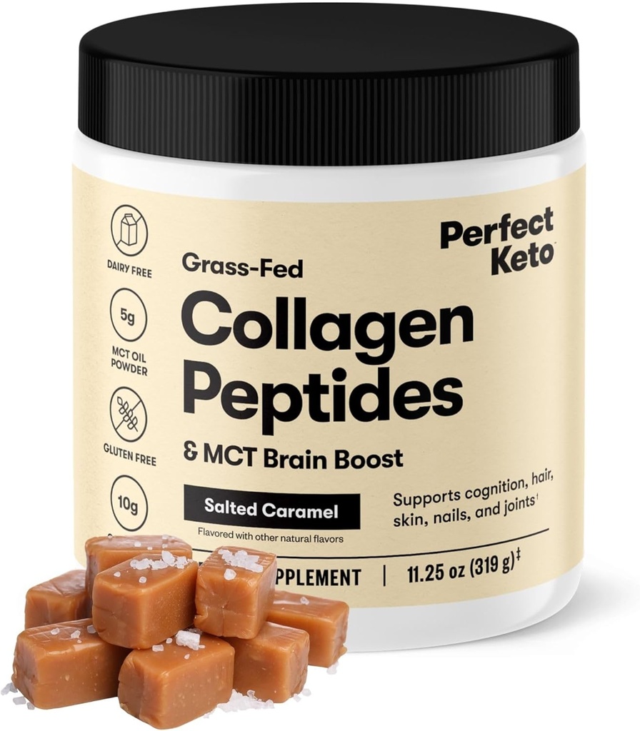 Perfect Keto Collagen Peptides Protein Powder con MCT Oil, Collagen Hidrolyzed, Tipo I & III Suplemento, Gluten Free Grass Fed, Low Carb, Keto Coffee Creamer, Collagen for Women & Hombre, Salted Caramel