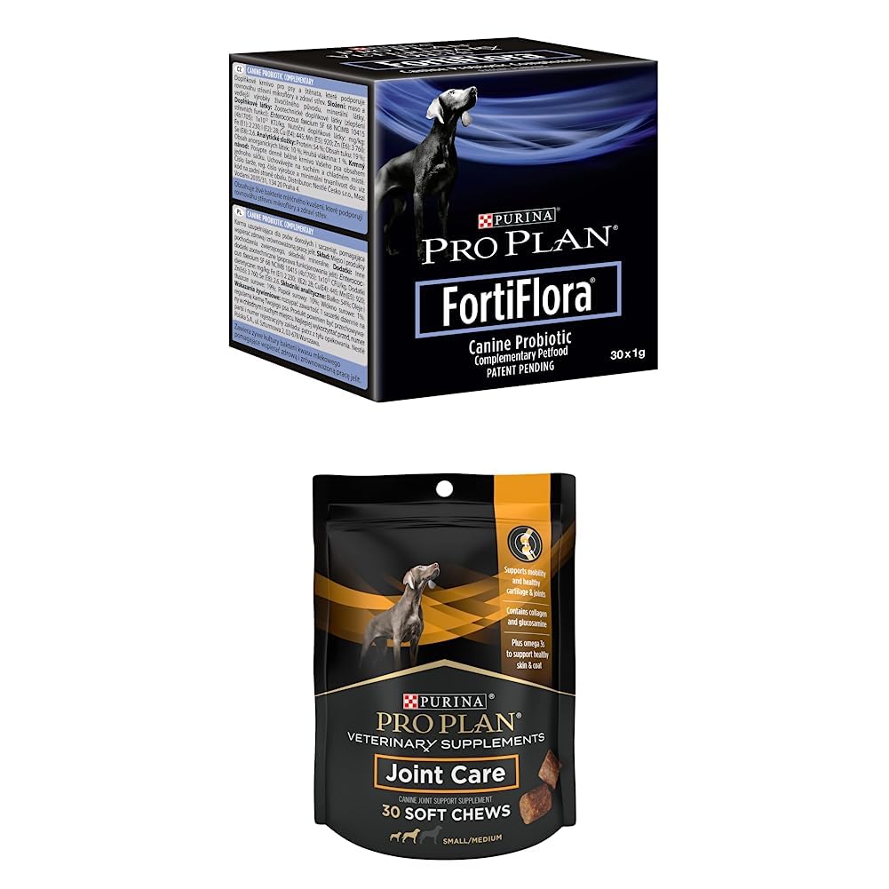 Paquete de Purina Pro Plan Suplementos Veterinarios FortiFlora Dog Probiotic Suplemento - 30 ct. Cajas + Plan Purina Pro Suplementos Veterinarios Cuidado Conjunto para perros pequeños de raza Hip y Conjunto 30ct