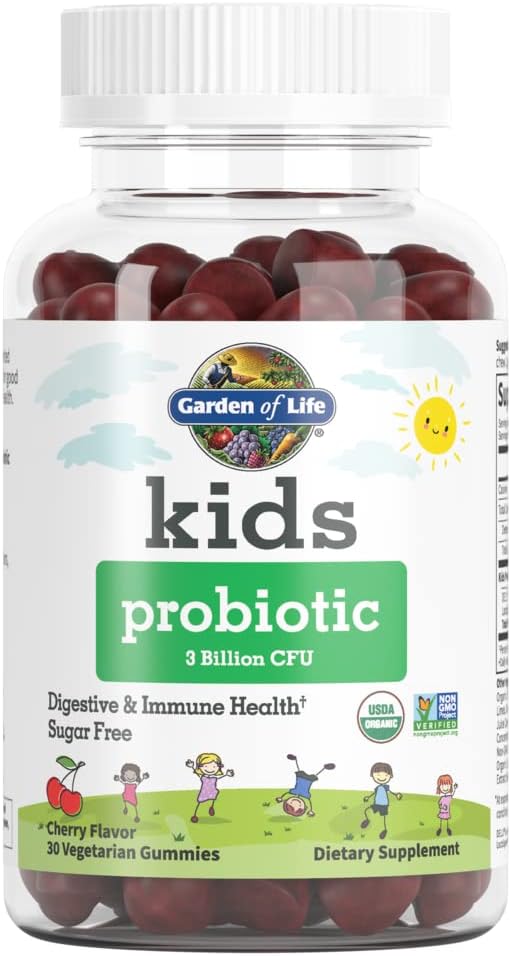 Garden of Life Kids Probiotic 3 Billion CFU, Cherry Flavor Gummies - Sugar Free Once Daily Probiotics for Kids, Probiotics Plus Fiber for Children's Digestive & Immune Health, 30 Vegetarian Gummies