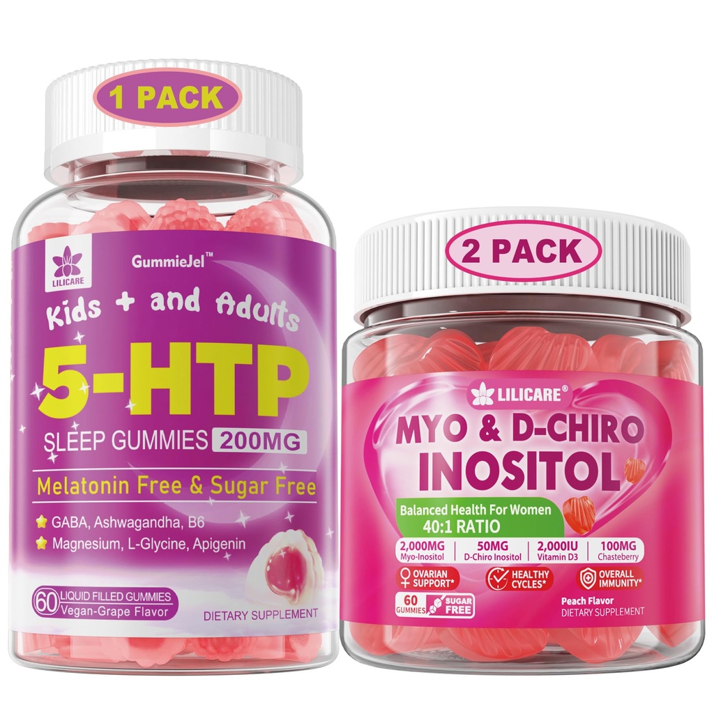 LILICARE Bundle: 5HTP Gummies with Magnesium Glycinate - Melatonin Free Sleep Gummies for Adults &amp; Kids 8+ &amp; Inositol Gummies Ideal 40:1 Ratio Myo &amp; D-Chiro Inositol Supplement