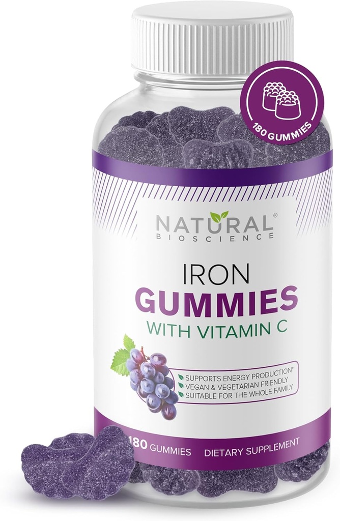 Gummies de hierro con vitamina C - Suplemento de hierro picante para anemia por deficiencia de hierro, apoyo a células rojas de sangre, energía, función inmunitaria, salud cerebral, absorción máxima, sabor a uva, 180 gomas veganos