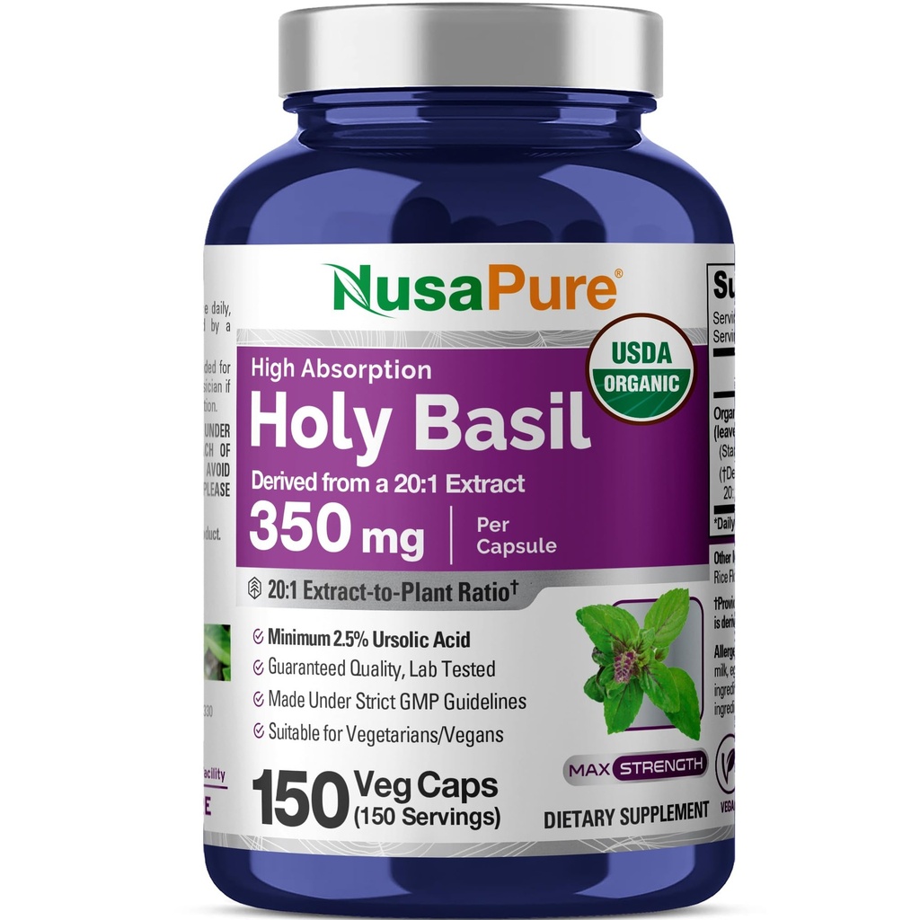 NusaPure USDA Organic Holy Basil Capsules 20:1 Extracto, 350 mg Equivalente a 7.000mg Silencio 150 Vegan Caps  Tulsi Holy Basil Leaf Extract ← 2.5% Ursolic Acid 
