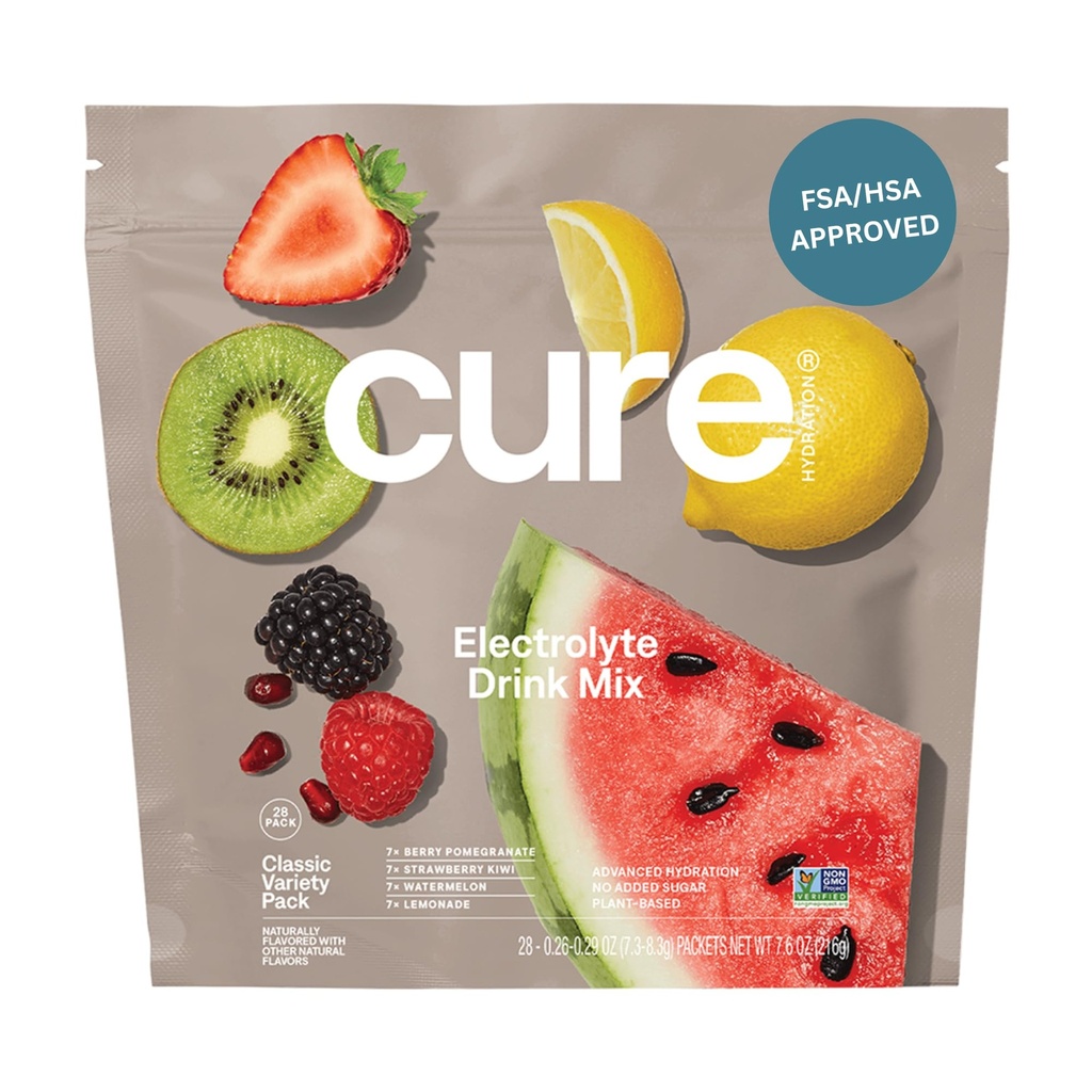 Cure Hydration ¦ Plant-Based Electrolyte Drink Mix ← No Añadido Sugar ← FSA-HSA ← Dehydration Relief Powder Made with Coconut Water ← Non-GMO Silencio Vegan Silencio 28 Packets - Vaiety Pack