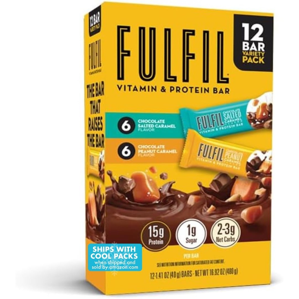 FULFIL Protein Snack Bares, 6 Chocolate Peanut y Caramel &amp; 6 Chocolate Salted Caramel, 15g Protein, Pantry Staples, 12 Condes