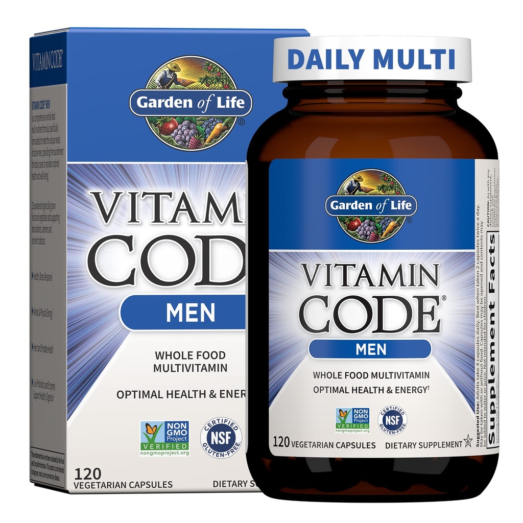 Jardín de la Vida Código de vitaminas Alimento completo multivitamínico para hombres - 120 cápsulas, vitaminas para hombres, frutas &amp; verduras mezcladas y probióticos para la energía, corazón, salud de próstata, hombres vegetarianos multivitaminas