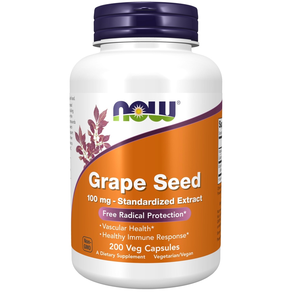 AHORA Suplementos de alimentos, semillas de uva 100 mg - Extracto estandarizado, Extracto altamente concentrado con un mínimo de 90% de polifenoles, con vitamina C, 200 cápsulas de veg