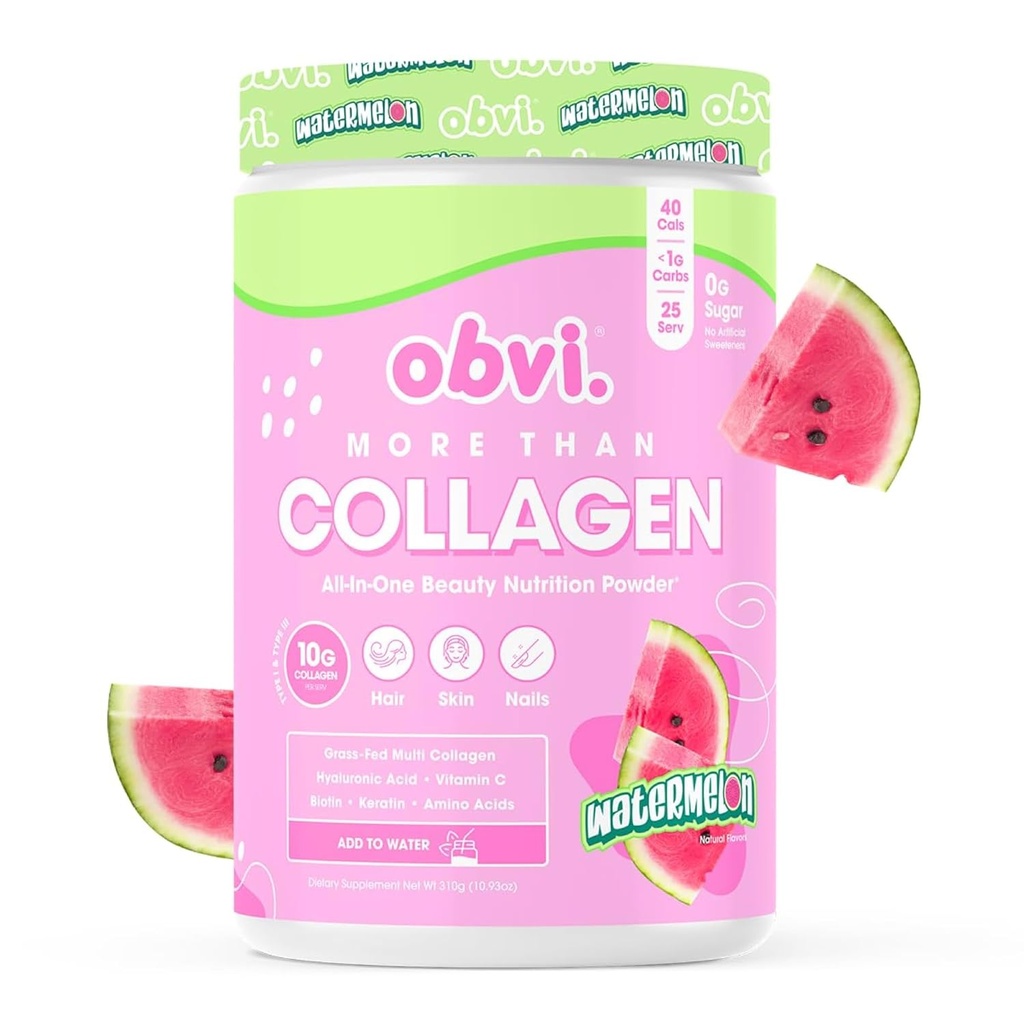 Obvi More Than Collagen Powder ← Soporta el cabello saludable, la piel, las uñas, las articulaciones, Gut  durable Grass-Fed Multi Collagen Suplemento con el ácido hialurónico, Biotin, Keratin  imper Watermelon, 25 Serviciones
