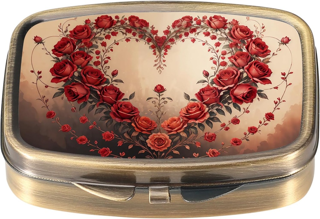 Caja de pill Dynippy Caja de pill con espejo Retro Pocket 2 Compartment Medicine Case Vitamin Pill Organizer for Pocket Purse and Travel (Retro-Rose Heart Wreath)