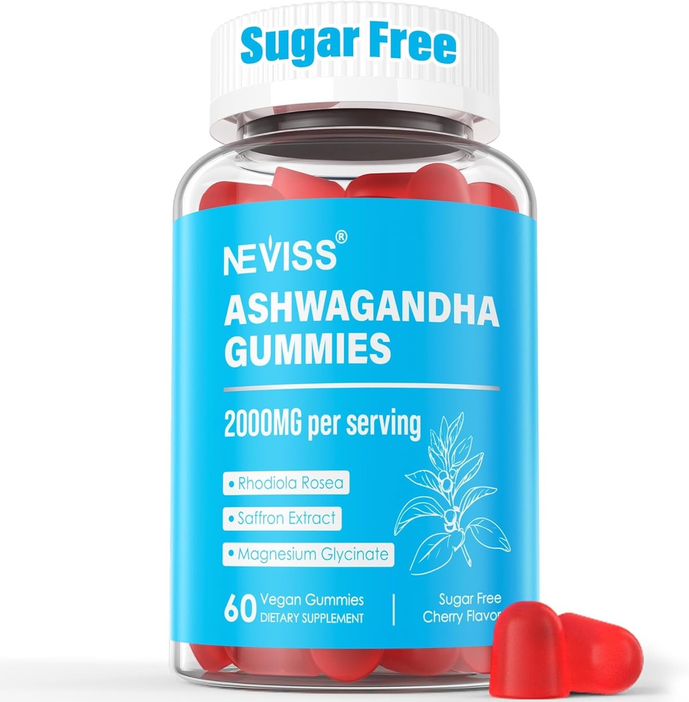 Azúcar gratis Ashwagandha Gummies - con Magnesium Glycinate, Rhodiola Rosea, Zinc, Lemon Balm, B6 - Relax Support, Natural Zzz, Stamina, Energy for Men Women - 60 Condes