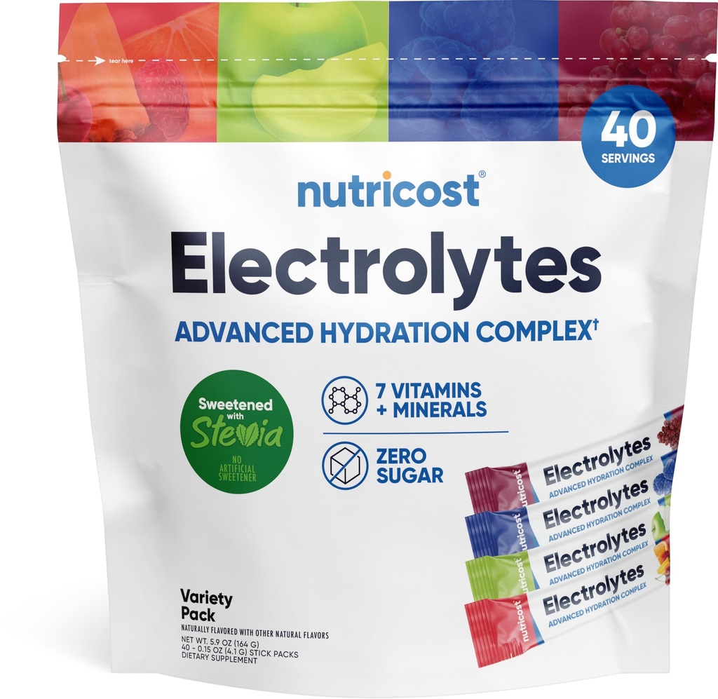 Complejo Nutricost Electrolytes, Variedad Pack Flavored, 40 Stickpacks - Complejo avanzado de hidratación