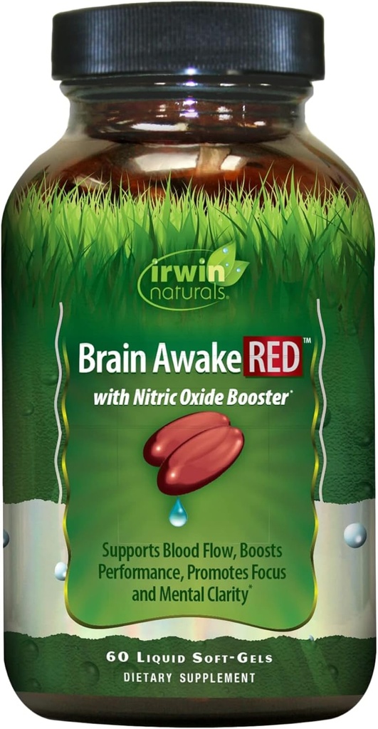 Irwin Naturals Brain Awake RED con Nitric Oxide Booster - 60 Liquid Soft-Gel - Asistencia Brain Health & Optimize Performance - 20 Total Servings