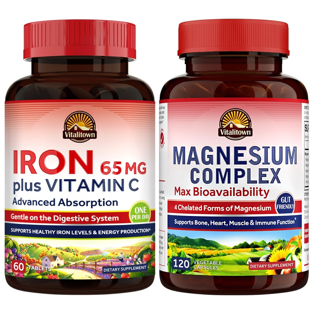 Suplemento Complejo de Magnesio de Vitalitown 500mg &amp; 65mg Suplemento de Hierro para Mujeres Hombres, para el sueño, músculo, construcción de sangre &amp; mejora de energía