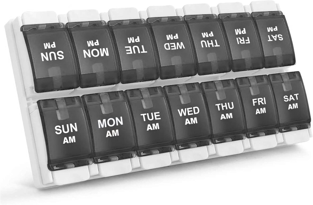 Sukuos AM PM Organizador semanal de 7 días de píldoras, 2 veces una caja de píldoras diurnas con el botón de empuje amigable de la artritis, Casos de medicina para el aceite/suplementos de vitamina/Fish, fácil de limpiar (Negro)