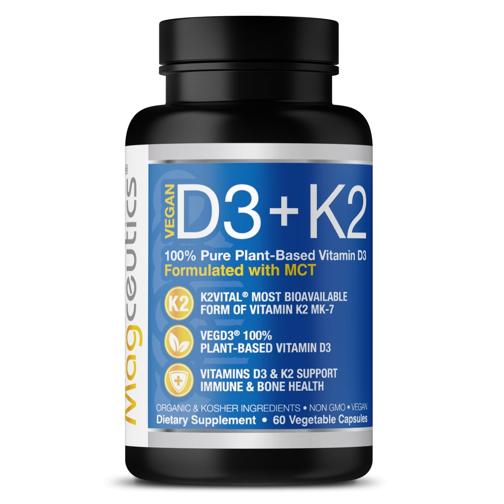 Vitamina D3 K2 con MCT, 5000 IU Vegan D3 & 100 mcg MK7 K2, Soporte sólidos huesos y salud inmunitaria - 60 cápsulas (60 días de suministro)