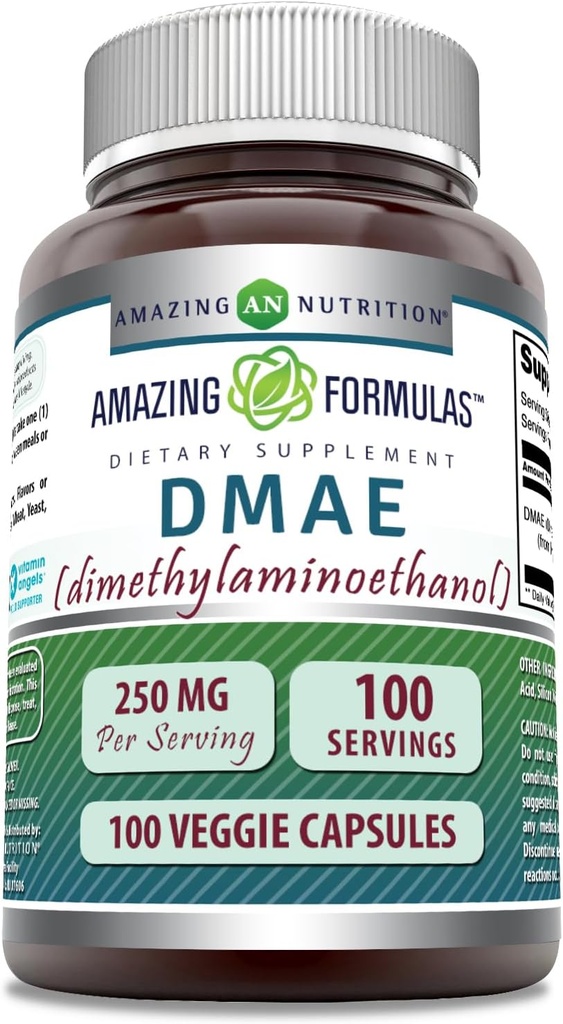 Fórmulas asombrosas DMAE Suplemento Silencio 250 Mg Silencio Veggie Capsules Silencio No-GMO Silencio Libre de gluten Silencio Made in USA (1 Pack, 100 Cuenta)