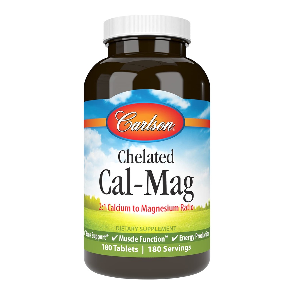 Carlson - Chelated Cal-Mag, 2:1 Calcium a Magnesium Ratio, Bone Support, Muscle Function & Energy Production, 180 Tablets