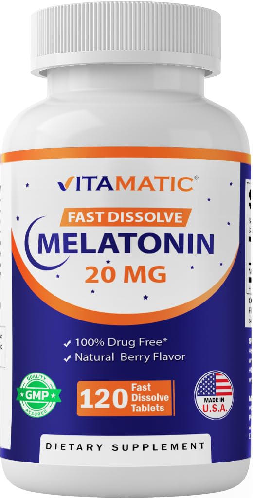 Melatonina Vitamática 20 mg Tabletas – Sabor Berry natural – 120 Tabletas vegetarianas por botella – 6 Botellas (Total 720)