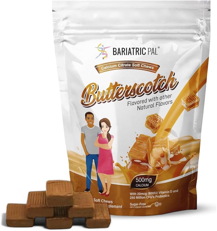 BariatricPal Citrato de Calcio Libre de Azúcar Citratos suaves TENIDO 500 mg con vitamina D &amp; Probióticos TENIDO Butterscotch ANTE 90 Conde (1 Mes de Suministro)