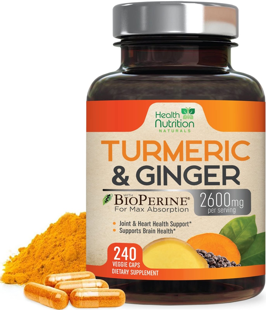 Curcumin Turmeric Suplemento 2600mg - con Ginger ecológico " Turmeric, 95% Curcuminoides, BioPerine Black Pepper for Best Absorption, Nature's Vegan Joint Support, Non-GMO, Bottled in USA - 240 cápsulas