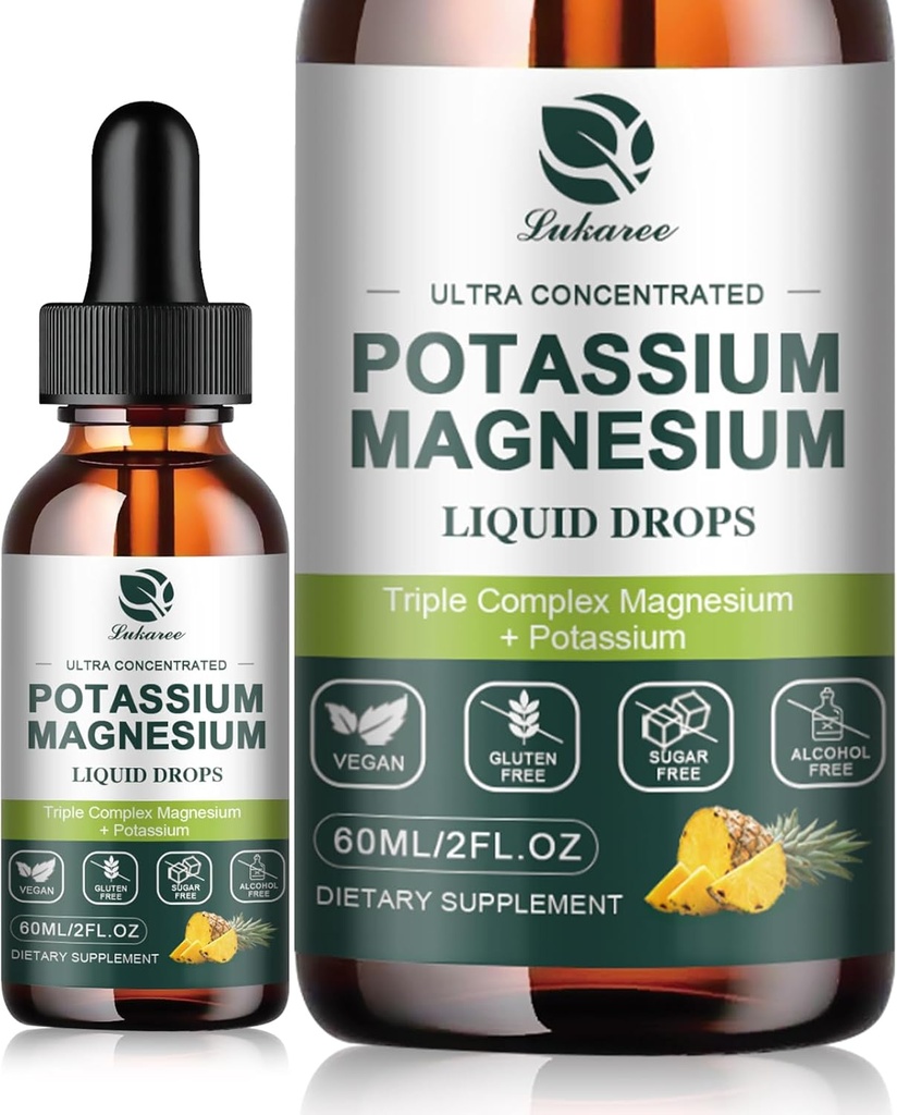 Potasio Magnesio Suplemento líquido w / Complejo Complejo de Triple Magnesio Glycinate &amp; Potassium Plus Omega 3, Moss Mar, Semilla Negra, D3K2 &amp; Calcium for Zzz, Leg Cramps & Muscle-4 FL OZ Drop
