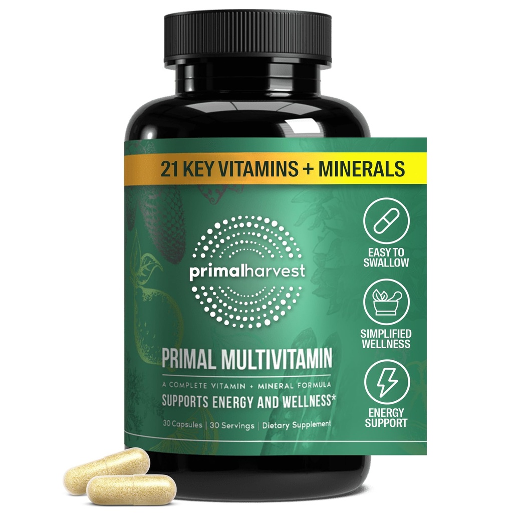 Primal Harvest Primal Multivitamina - Suplemento Multi-Vitamin diario con 21 vitaminas esenciales " minerales para hombres de mujeres - Vitamina A, C, D, E, B12, B6, Biotina, Ácido fólico, zinc, cobre " Selenio