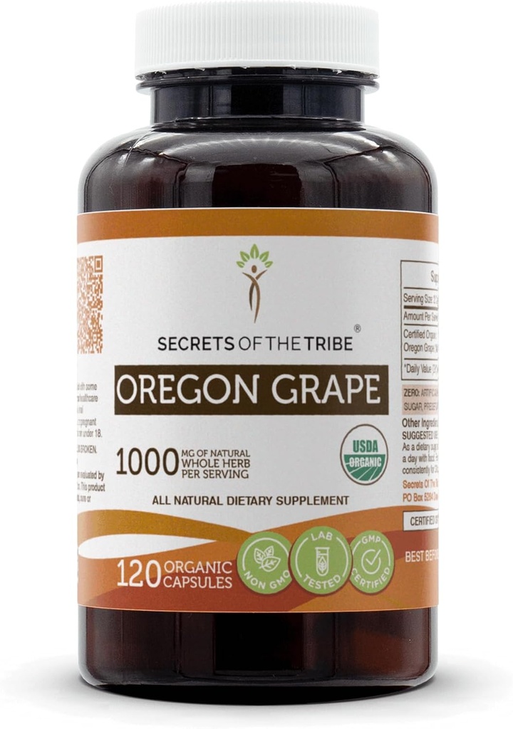 Secretos de la Tribu Oregon Grape USDA Organic Capsules ← Certified Organic Vegetarian Capsules, Herbal Dietary Supplement ← Mahonia aquifolium Dried Root (120 Conde)