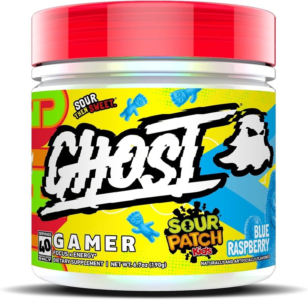 GHOST Gamer: Energy and Focus Support Fórmula - 40 Servimientos, Sour Patch Kids Blue Raspberry - Nootropics " Natural Caffeine for Atención, Precisión " Tiempo de reacción - Vegan, sin gluten