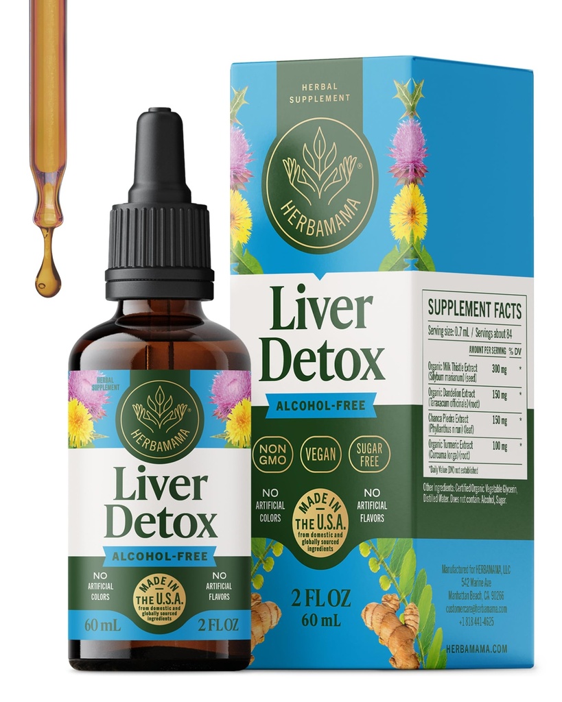 HERBAMAMA Liver Cleanse Detox " Repair - Liver Support Supplement - Liquid Drops with Milk Thistle, Dandelion Root " Chanca Piedra - Alcohol " Sugar-Free Liquid Cleanse Supplement, 42-Day Supply