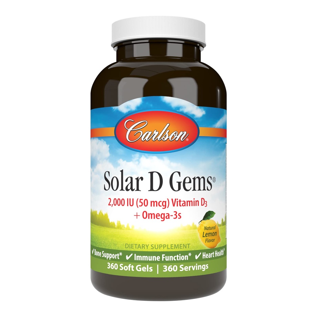 Carlson - Solar D Gems, Vitamina D3 y Omega-3 Suplemento, 2000 UI (50 mcg) Vitamina D3, 115 mg Omega-3s EPA y DHA Suplemento, Wild Caught, Sustentably Sourced, Lemon, 360 Softgels