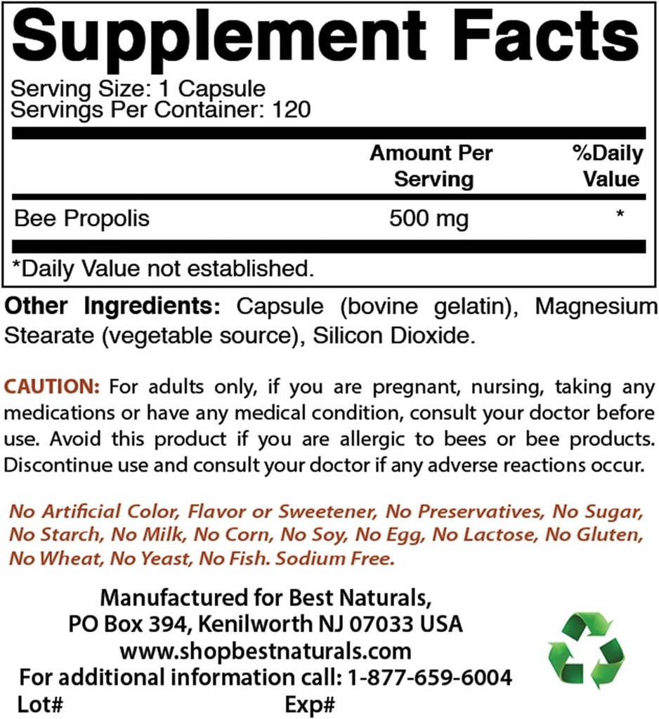 Best Naturals Bee Propolis 500 mg " Oxido de magnesio 500 mg