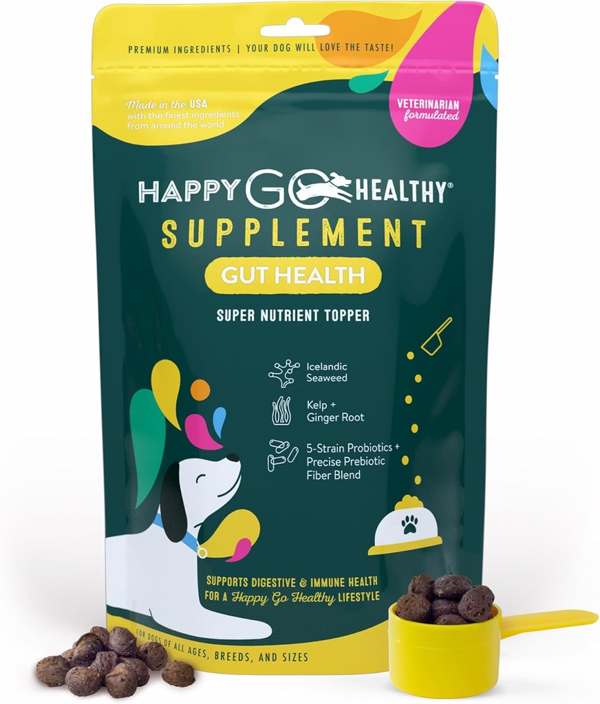 Perro Gut Health Probióticos Suplemento  Mejora la Salud Digestiva y el Sistema Inmunitario Soporte para perros y cachorros ← Todos los ingredientes naturales Tasty Kibble Dog Food Topper ← 60 Count Pack