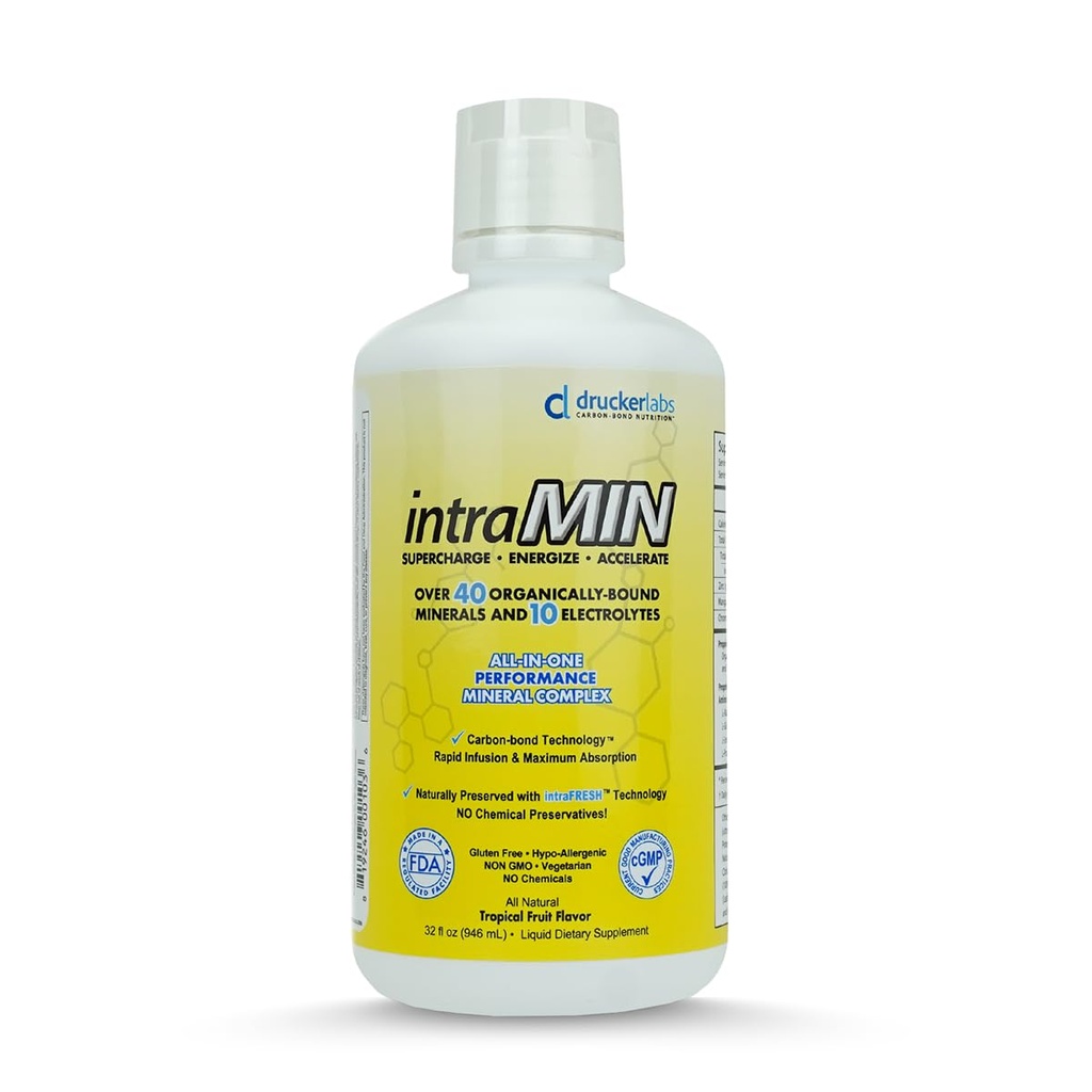 DRUCKER Labs - IntraMIN Organic Liquid Trace Minerals Suplemento dietético para Hombres, Mujeres, Niños, Immune Support, Muscle Support, Non Gluten Free, Vegan, Electrolytes (32 oz., Tropical Fruit Punch)