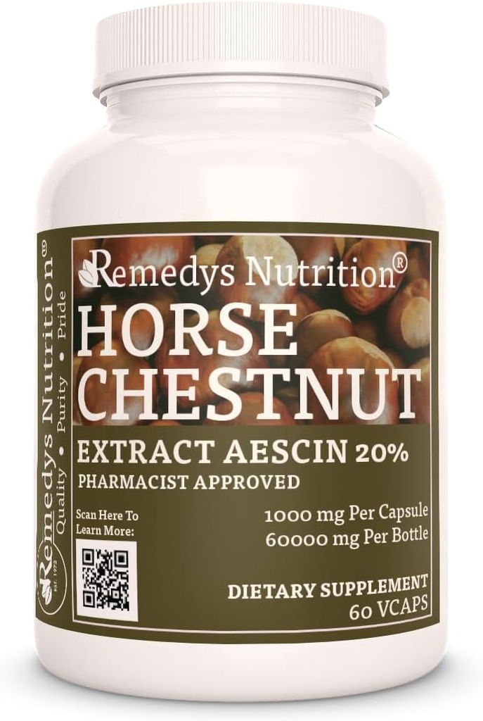 Nutrición de Remedy Extracto de la casta de caballo Aescina 20% - 1.000 mg, 60 cápsulas veganos Suplemento dietético herbal - 2 meses de suministro