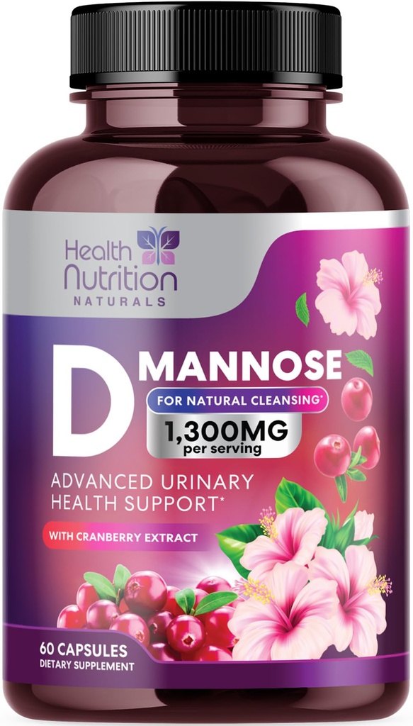 D-Mannose Suplemento 1,350mg - con arándano, Hibiscus &amp; Dandelion - Acción rápida, Natural Urinary Tract &amp; Bladder Support for Women &amp; Men - Flush &amp; Cleanse Impurities - Non-GMO, Vegan - 60 cápsulas