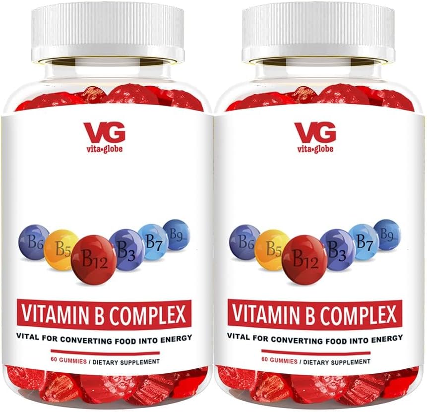 VITA GLOBE B Complejo Gummy Vitaminas - Sabor de Fresa con Vitamina C, Niacina, B6, B12 &amp; Biotina para Energía, Salud del Corazón y Cerebro, 120 Conde (Pack of 2)